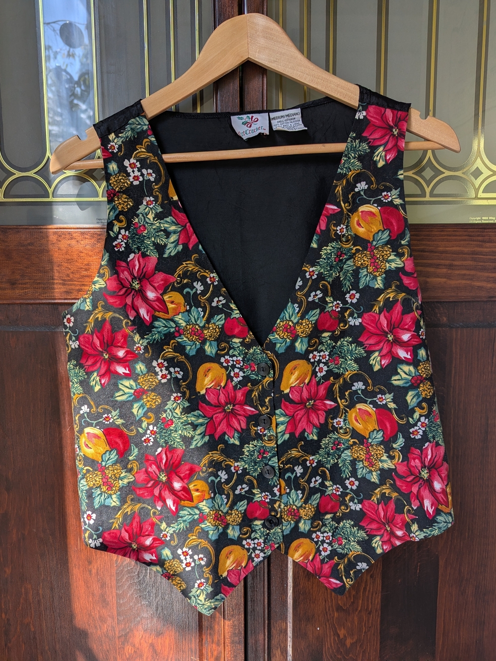 Women's Floral Holiday Vest - Black with Red Poinsettia